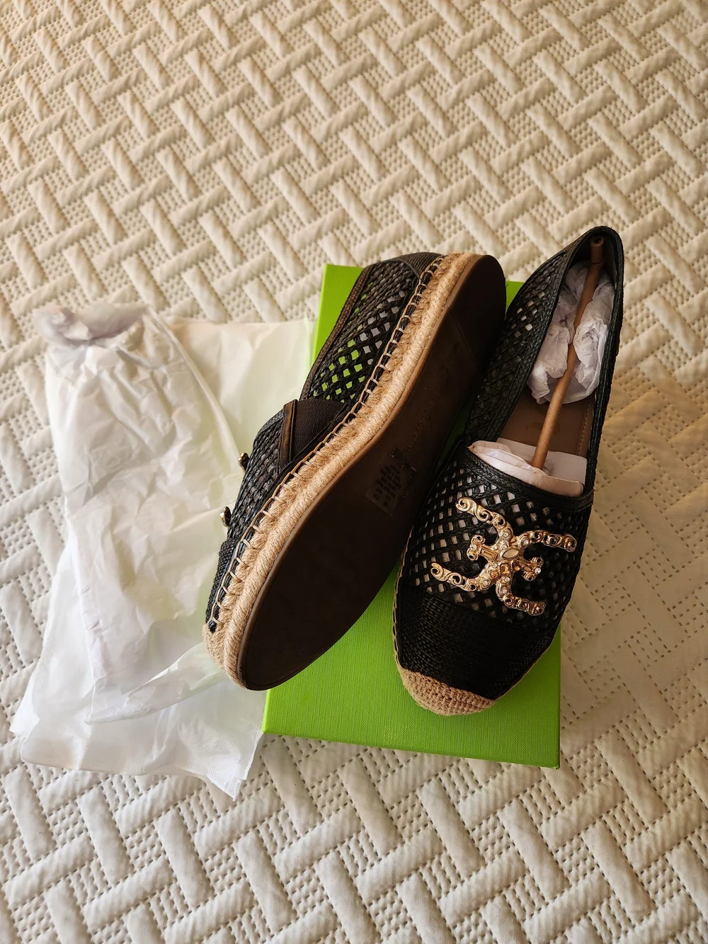 Sam Edelman Black Woven Espadrille Flats with Gold Emblem